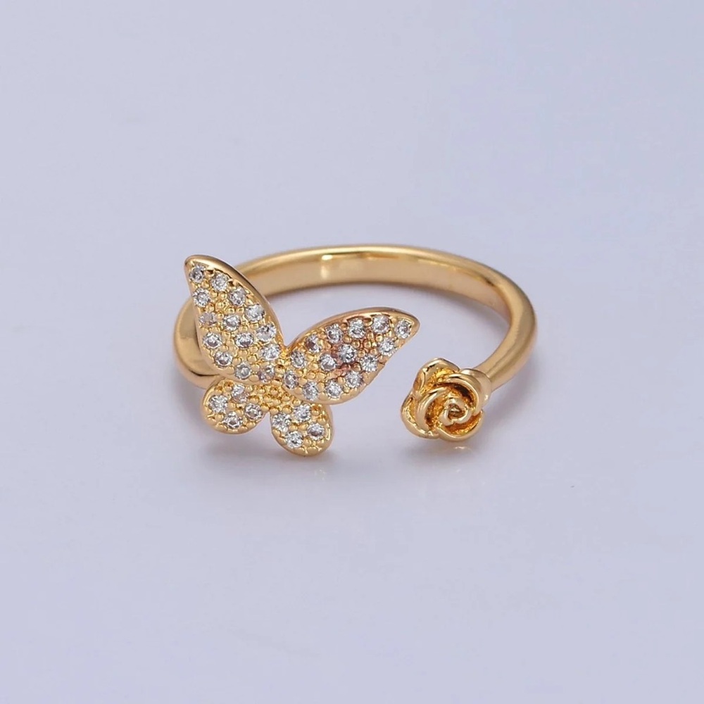 Dainty Butterfly Ring, Adjustable Gold Ring, Micro Pave CZ Mariposa Ring